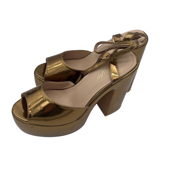 Lola Liliana Gold Peep-Toe Platform Heels Womens Size 8.5 Chunky Heel - Picture 1 of 7